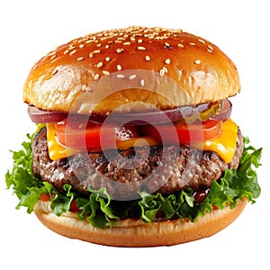 Isolated mouthwatering Burger with salad cooked meat melted cheese then tomatoes pickles and red onions between white bread