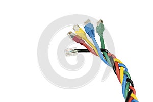 Isolated multi colored ethernet cables braided in spikelet, white background.