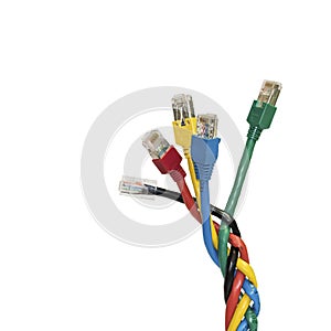 Isolated multi colored ethernet cables braided in spikelet, white background.