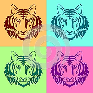 Isolated muzzles of a tiger on colored backgrounds.