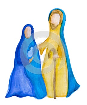 Nativity scene in Bethlehem. Isolated abstract watercolor hand painted Christmas scene illustration representing the holy family