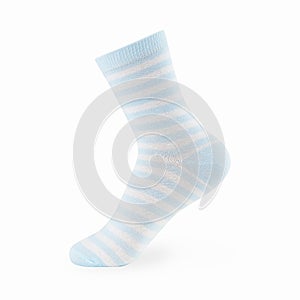 Isolated navy blue striped sock on invisible mannequin foot on white background, side view.