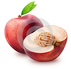 Isolated nectarines. Whole nectarine fruit and half with leaves isolated on white background with clipping path
