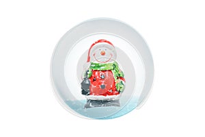 Isolated New Year magic ball with snowman and snow white