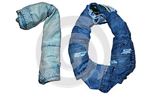 The isolated numbers from 1 to 10 laid out with jeans in different colors