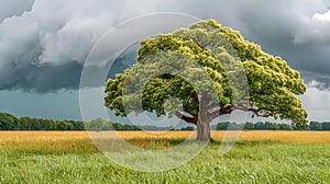 Isolated Oak Tree in a Field Under a Dramatic Storm Sky