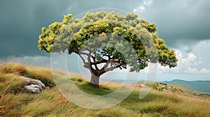 Isolated Oak Tree on Hill Under Dramatic Stormy Sky