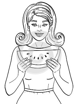 Isolated object coloring, black lines, white background. Retro young girl eating watermelon. Proper nutrition. imitation