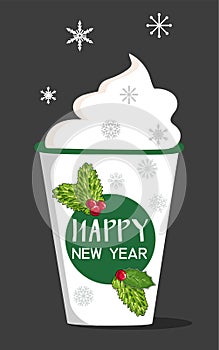 Isolated object of a Cup of coffee..Hand drawn Christmas card. Merry Christmas and New Year typography. Cute holidays greeting