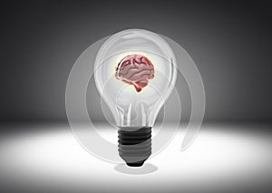 Isolated object shot of a light bulb with human brain inside on a dark background