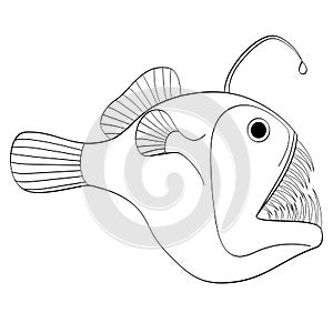 Isolated object on white background deep sea, water fish, Lophius piscatorius. Evil predator. Coloring book for children