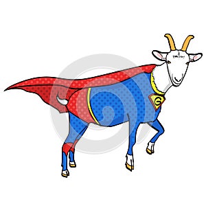 Isolated object on white background. Flies Goat Animal Dressed As Superhero With clothes Vigilante Character. Comic photo