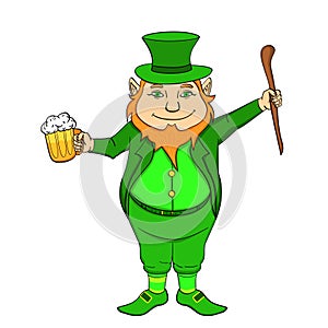 Isolated object on white background Funny leprechaun with a stick and a mug of beer in his hands. St. Patricks Day.