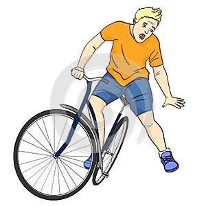 Isolated object on white background. The man is falling off the bicycle. Emotion funk, pain, vector