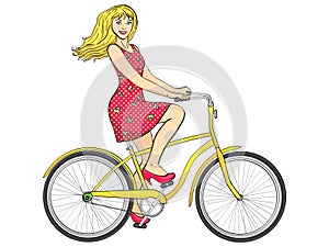 Isolated object on white background point. with sun rays. Young beauty woman ride bicycle retro vector.