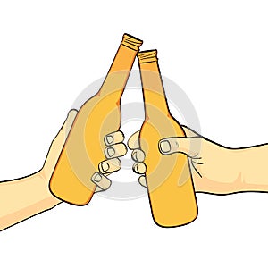 Isolated object on white background, summer color. Two friends knock a bottle of beer. Two beers. Imitation comic style.