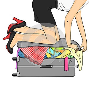 Isolated object on white background. Tema travel and female gathering. Things that do not fit into the suitcase raster photo
