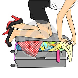 Isolated object on white background. Tema travel and female gathering. Things that do not fit into the suitcase. Vector photo