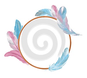 Isolated object on a white background. Watercolor frame with feathers