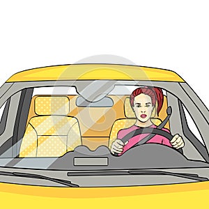 Isolated object on white background. The woman at the wheel, the car. Vector