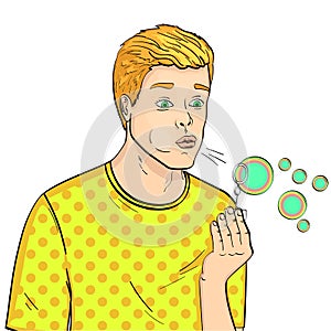 Isolated object on white background. Young guy and soap bubbles. A game for children. Raster, comic style.