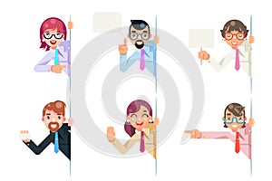 Isolated office workers cartoon support help business consultation advice looking out corner characters set flat design