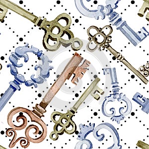 Isolated old key illustration element. Watercolor background illustration set. Seamless background pattern.