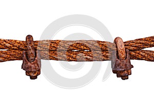 Isolated old rusty steel wire rope and metal cable or hawser are connected by rusty old clamps. Close up. photo