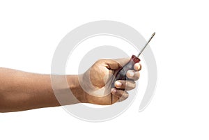 Isolated old screwdriver holding with a male hand on white background