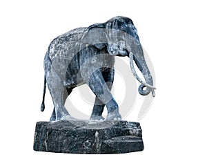 Isolated old sculpture of elephant, full-body and side view, weathered stone. Sculpture of elephant for garden decoration on white