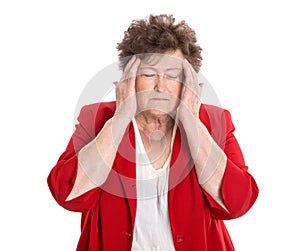 Isolated older woman with headache, migraine or forgetfulness.