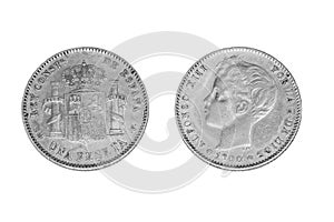 Isolated one silver peseta coin of 1900 photo