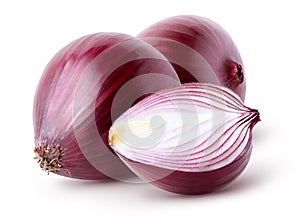 Isolated onions. Two whole red onion and half isolated on white background with clipping path.