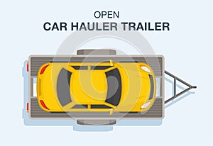 Isolated open car hauler trailer with vehicle on it. Top view of a yellow sedan car.