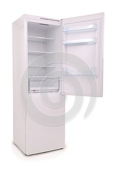 Isolated opened empty refrigerator Clipping path