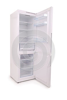 Isolated opened empty refrigerator Clipping path