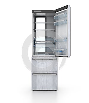 Isolated opened empty refrigerator