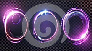 Isolated optical halo flares with neon light modern background. Circle lens ring with glitter 3D digital design. Radiant