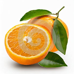 Isolated orange cut in half and whole with green leaves on white background.