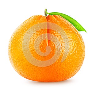 Isolated orange fruit. Whole single orange with leaf isolated on white clipping path