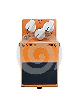 Isolated orange modifier classic overdrive stompbox electric guitar effect for studio and stage performed on white background photo