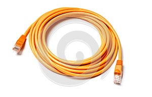 Isolated orange patch cord internet cable on white background