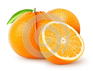 Isolated oranges. Two whole orange fruit with half isolated on white background with clipping path.