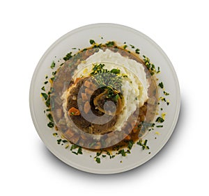 Isolated osso buco meal on white background.