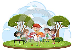 Isolated outdoor park with children music band