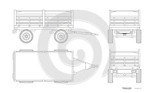 Isolated outline drawing of tractor trailer. Side, front and back view of agriculture machinery. Industrial blueprint