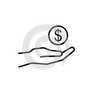 Isolated outline icon of coin money in black line hand on white background. Symbol of cash charity investment. Icon of wealth