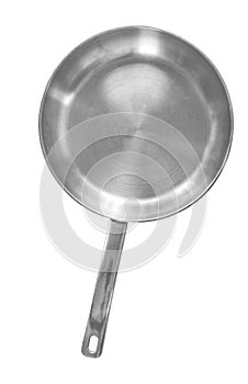 Isolated pan fry on white background, modern stainless steel pan-fry, top view image. Blank space on the pan