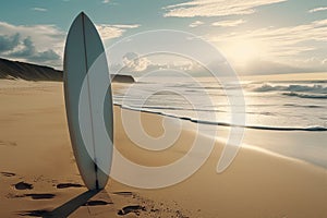 Isolated paradise Surfboard on an empty, serene, and wild beach