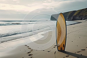 Isolated paradise Surfboard on an empty, serene, and wild beach